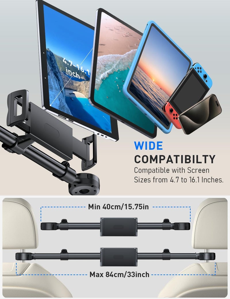 Tryone حامل جهاز لوحي لمساند الرأس في السيارة لجهاز آيباد: [تركيب قابل للطي أمامي وخلفي] حامل شاشة محمول قابل للتعديل لمقعد السيارة، أساسيات الرحلات البرية للأطفال متوافق مع الأجهزة من 4.7-16.1" - Image 3